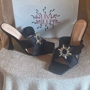 Olivia Miller Black Satin with Crystal Embellishment Heeled Sandals- Sz 8.5